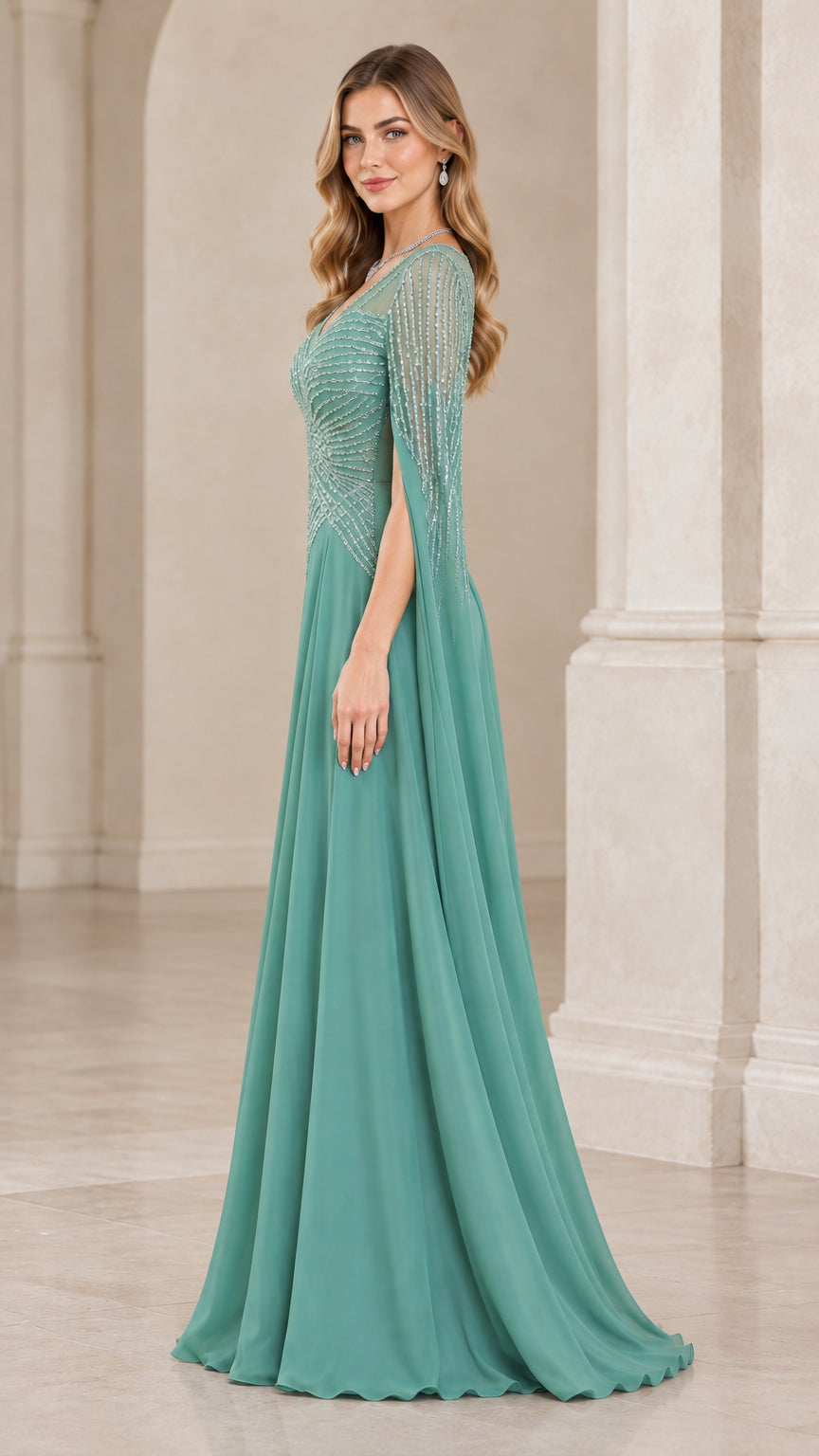 Side profile of model in sage green A-line chiffon formal gown with cape sleeves