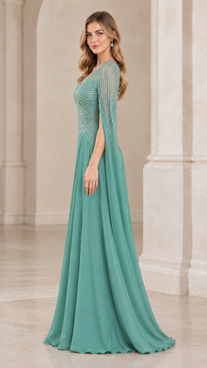 Side profile of model in sage green A-line chiffon formal gown with cape sleeves
