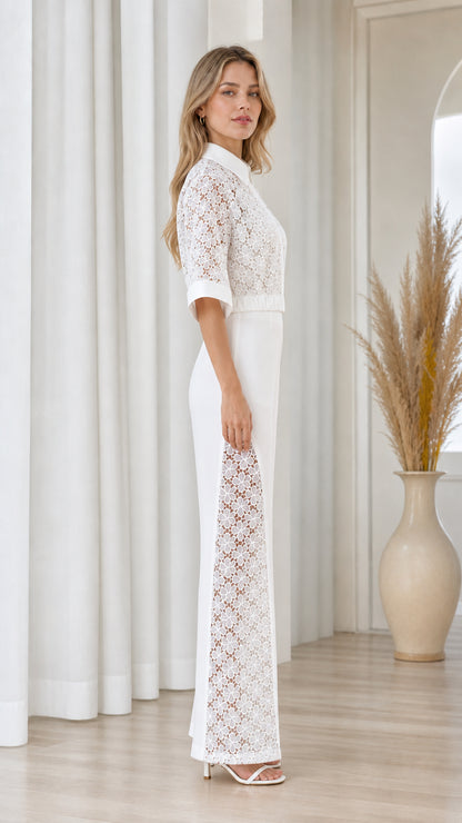 Side profile of model wearing white lace panel wide-leg jumpsuit