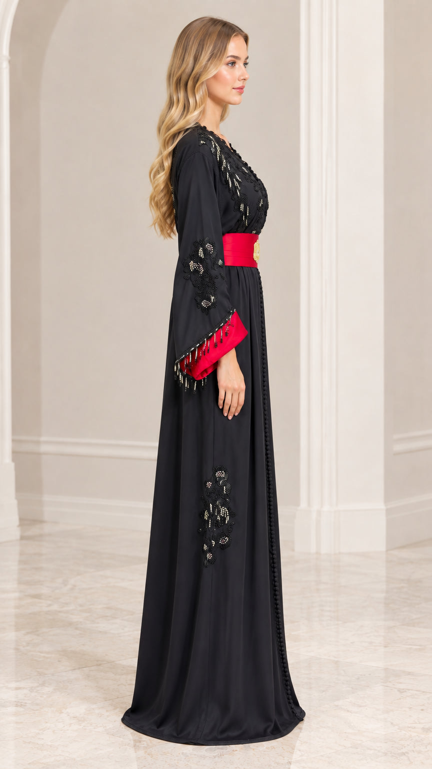Side profile view of black embroidered kaftan maxi dress with bell sleeves