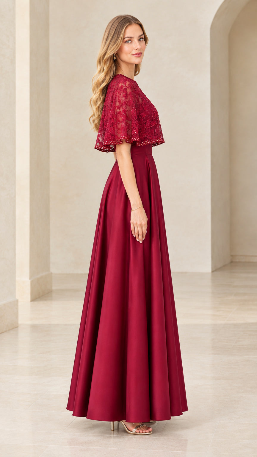 Burgundy lace capelet formal maxi dress side profile view