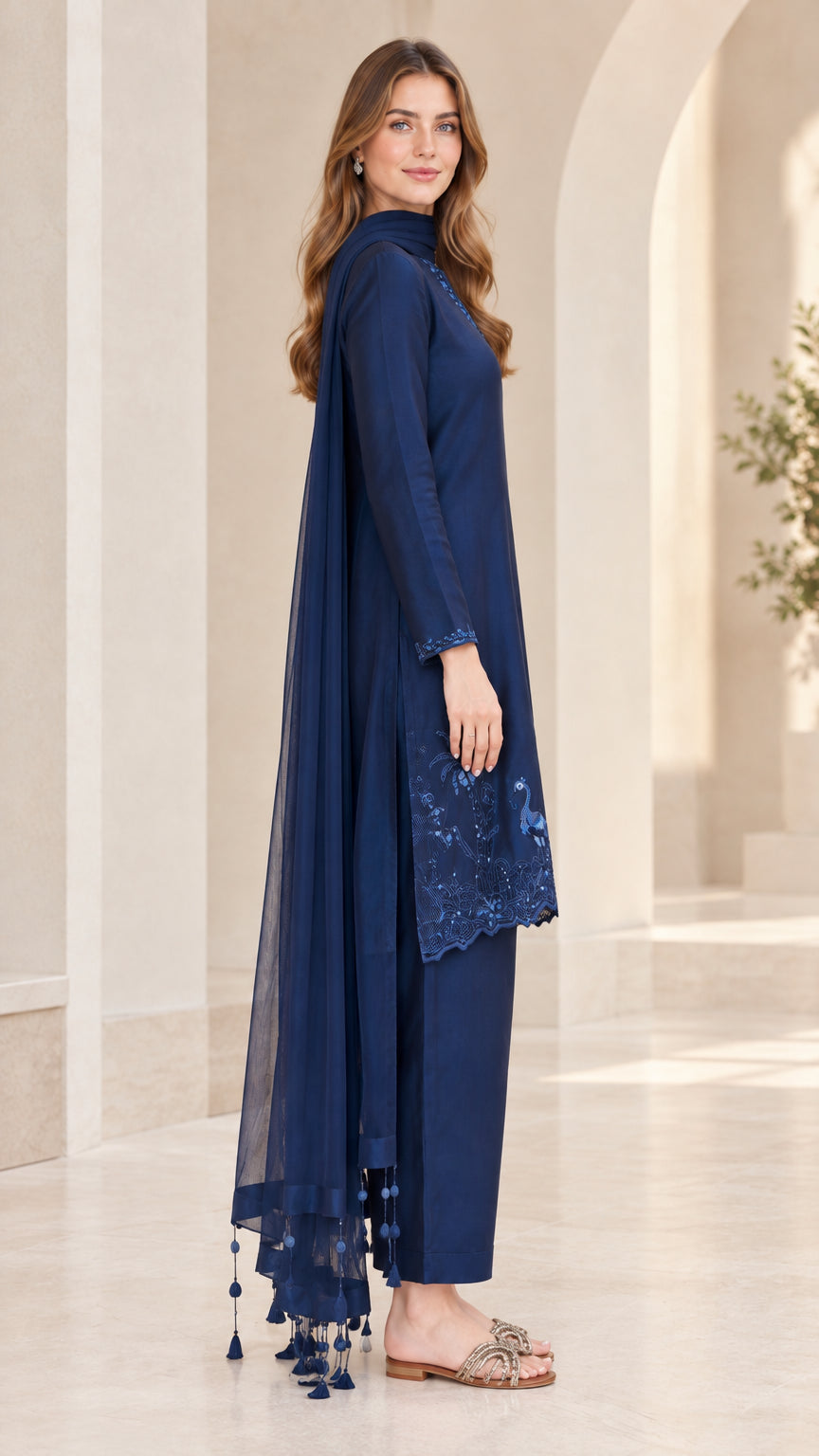 Side profile of navy blue longline tunic and straight trousers set