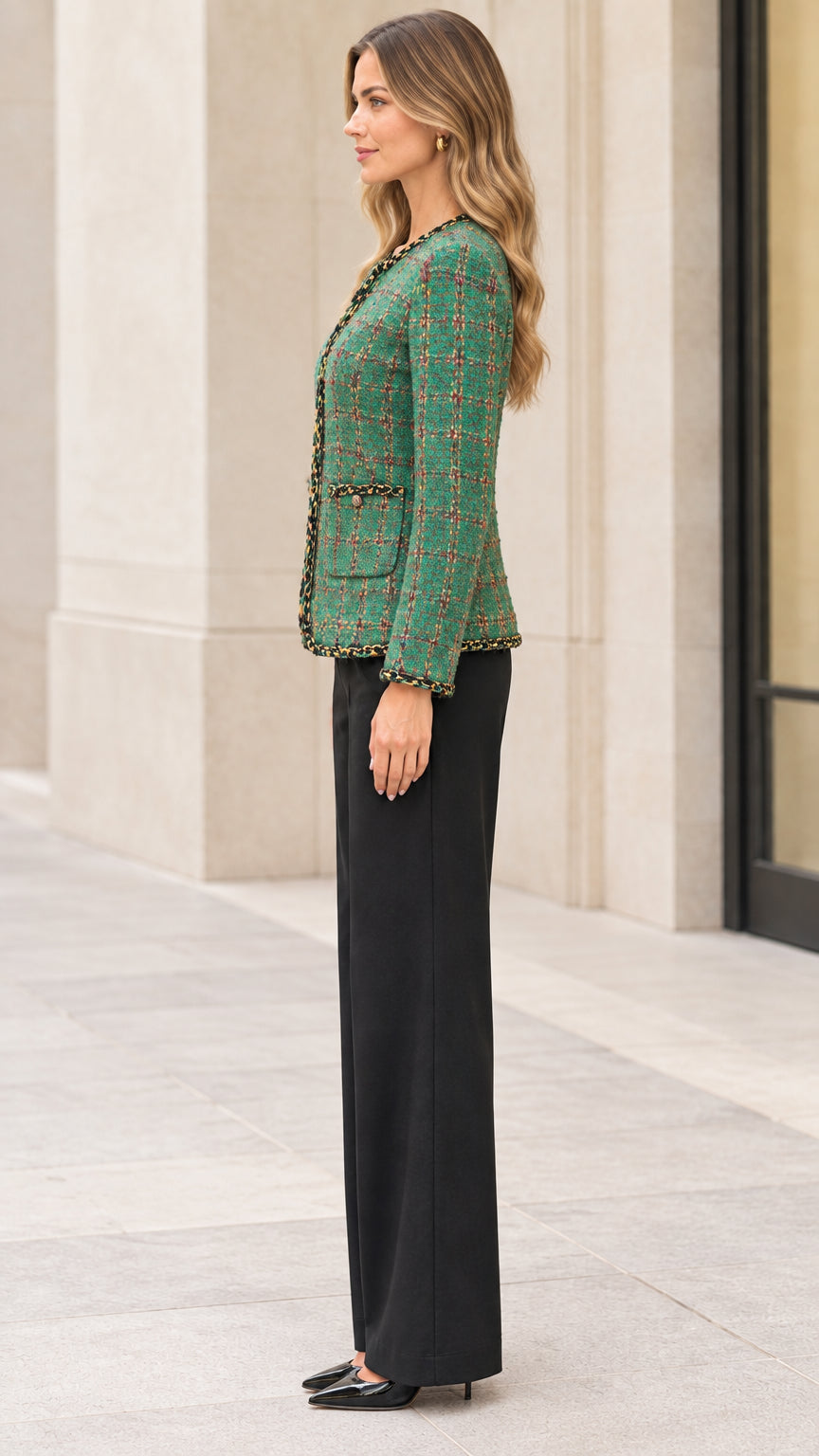 Side profile view of a woman wearing a green collarless tweed blazer