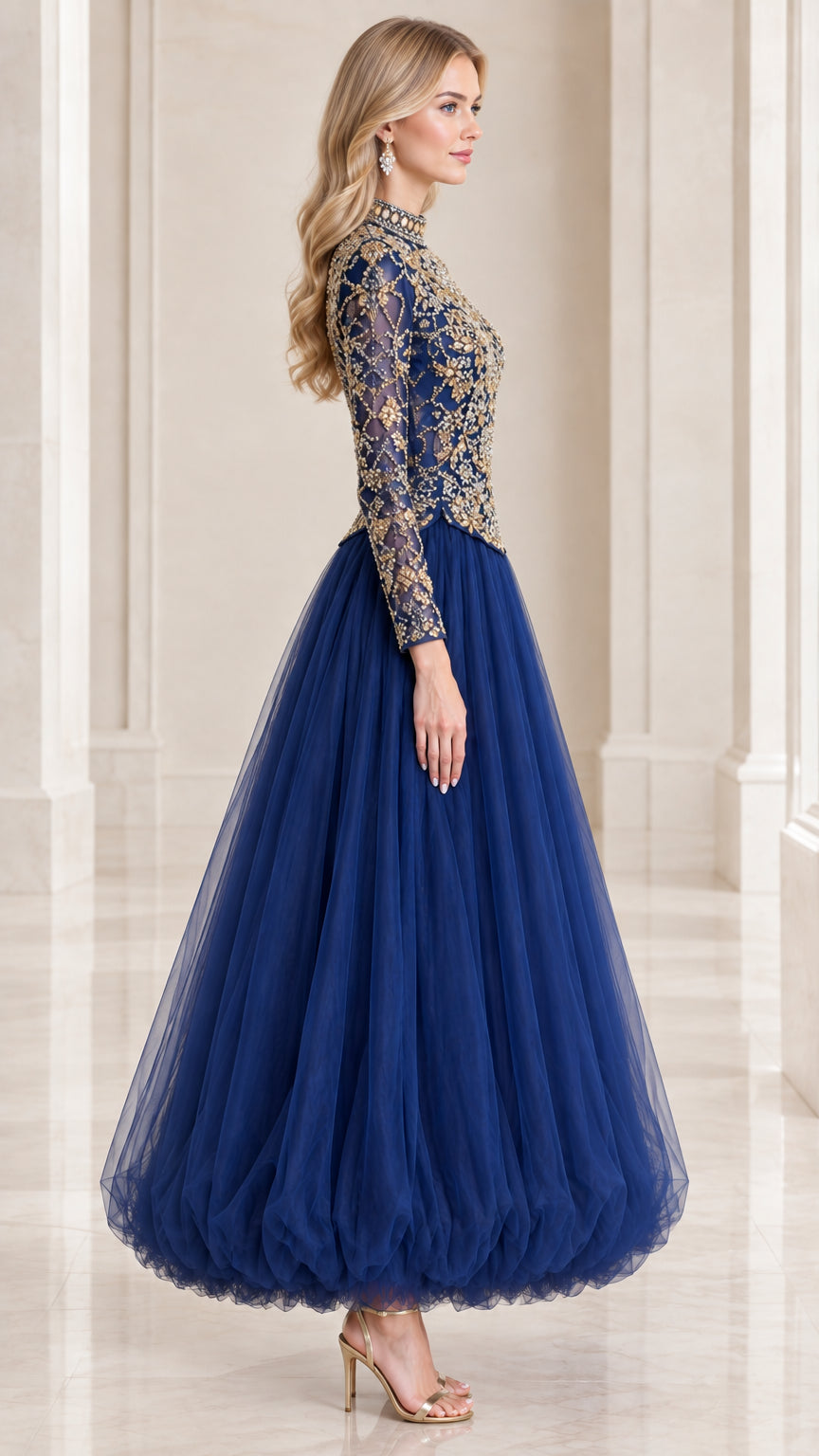 Royal blue beaded long sleeve tulle formal dress side profile view