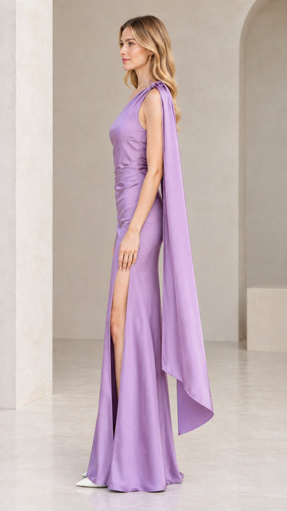 Side profile of lavender one-shoulder satin evening dress showing the high leg slit