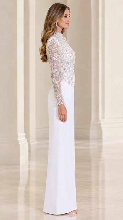 Side profile of white column evening gown with beaded lace jacket