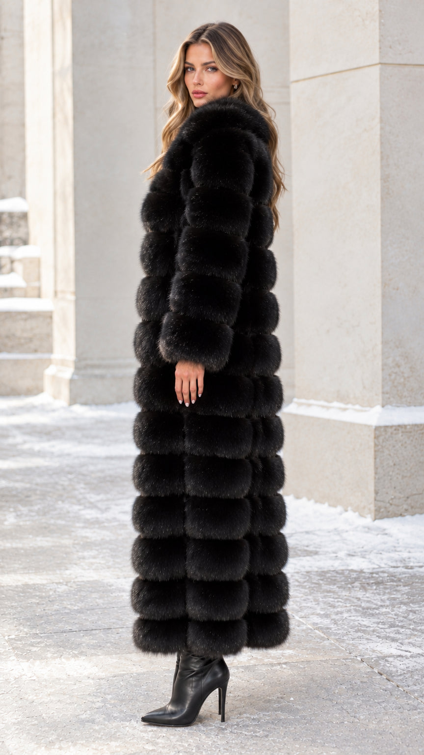 Side profile of model wearing black long banded faux fur coat