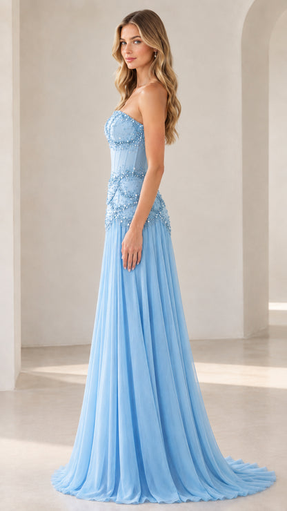 Side profile of sky blue strapless pleated evening gown
