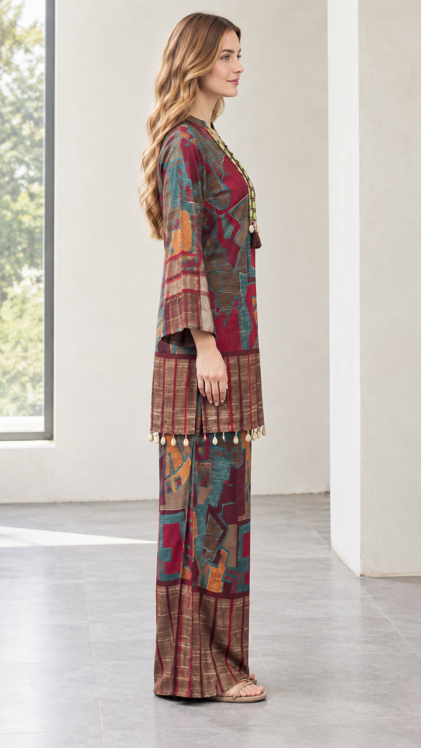 Side profile of model wearing burgundy patterned two-piece tunic set