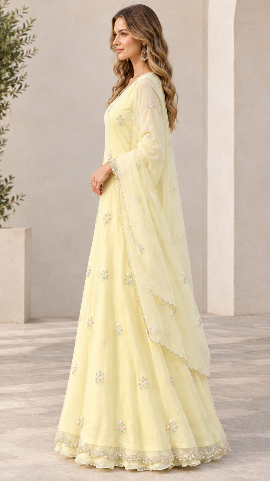 Side profile view of model in pastel yellow embroidered floor-length gown