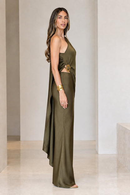 Side view of olive green one-shoulder satin evening dress showing side cutout and metallic ring