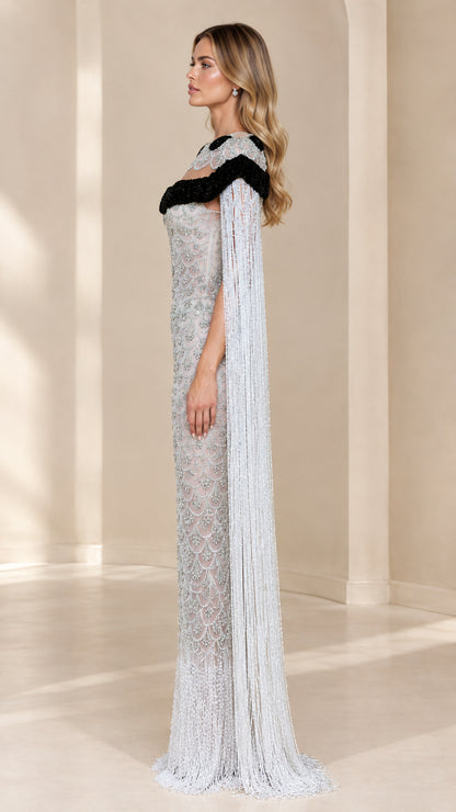Side profile of Silver Beaded Evening Dress with Long Fringe Cape