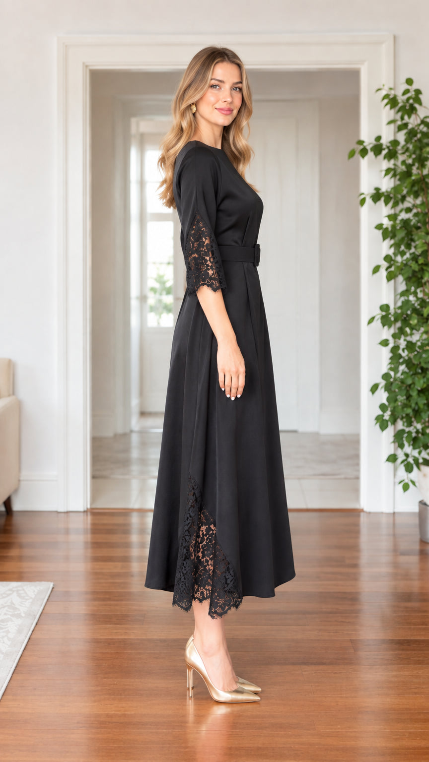 Side profile view of woman wearing black 3/4 sleeve lace detail midi dress