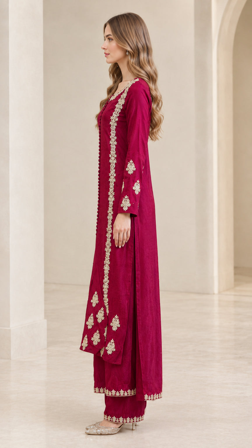 Side profile view of women's wine red 3-piece embroidered kurta set
