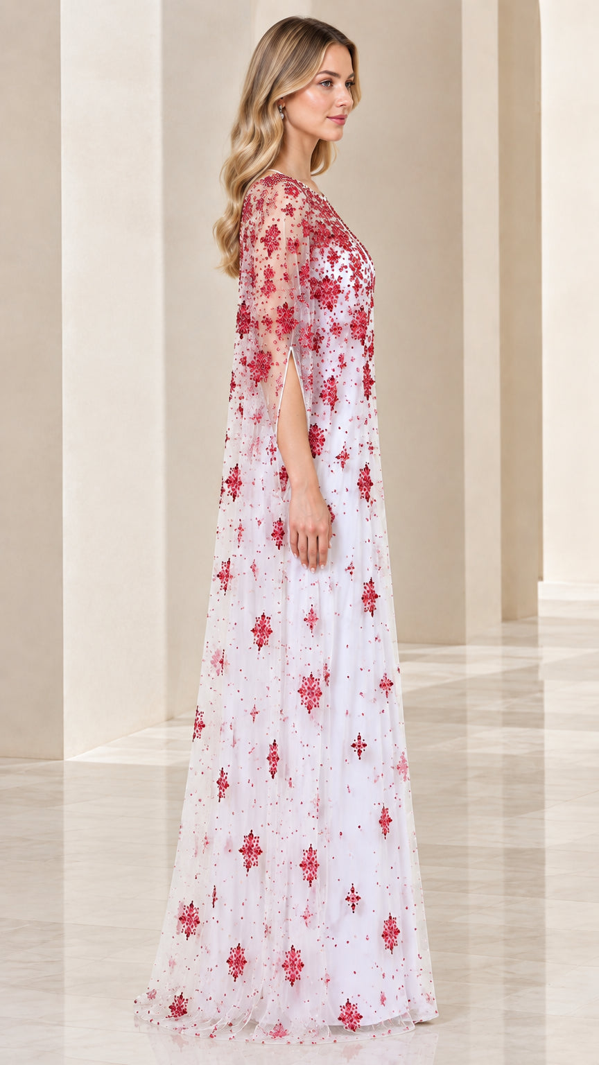 White maxi dress with red sequin embroidered sheer cape side angle view