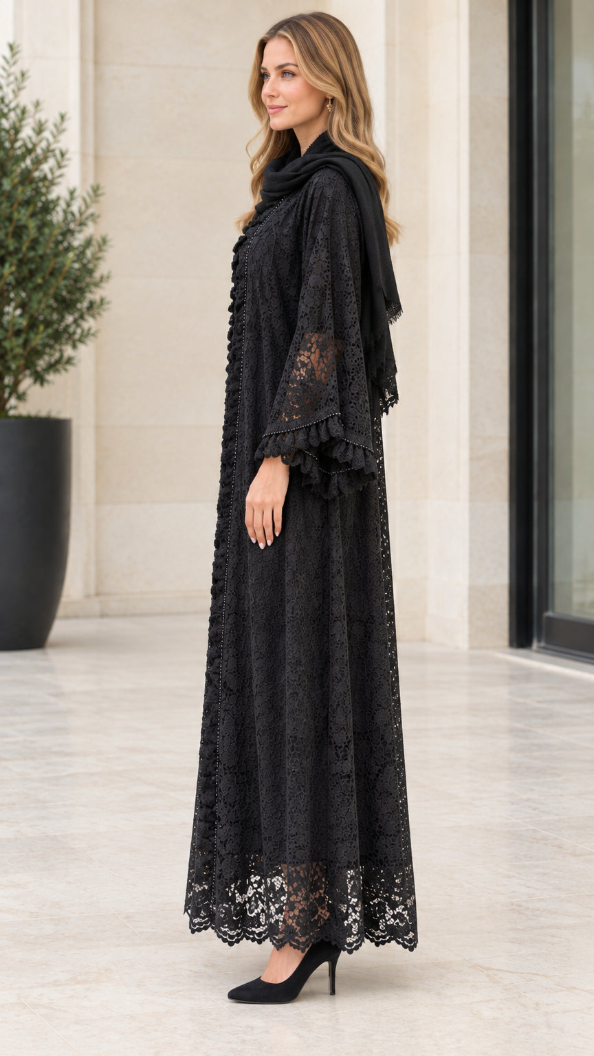 Side profile view of black lace open-front maxi abaya showcasing sleeve silhouette