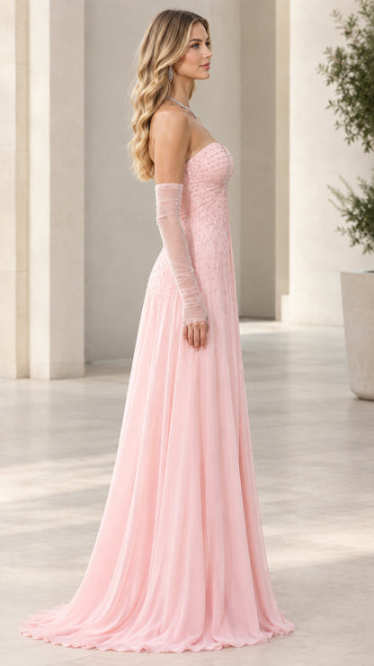 Side profile of Blush Pink strapless formal maxi gown showcasing silhouette and long gloves
