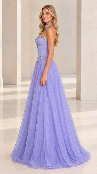 Side profile of lavender sweetheart tulle prom gown with crystal beaded bodice