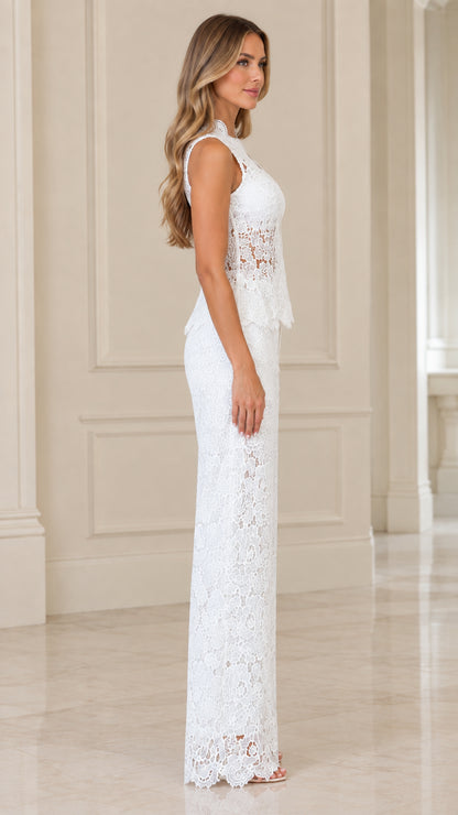 Side profile view of white lace two-piece formal pantsuit