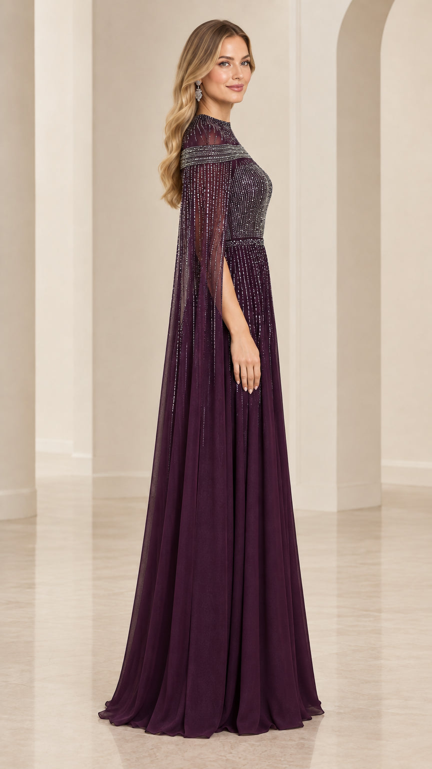 Plum beaded formal maxi gown side profile view