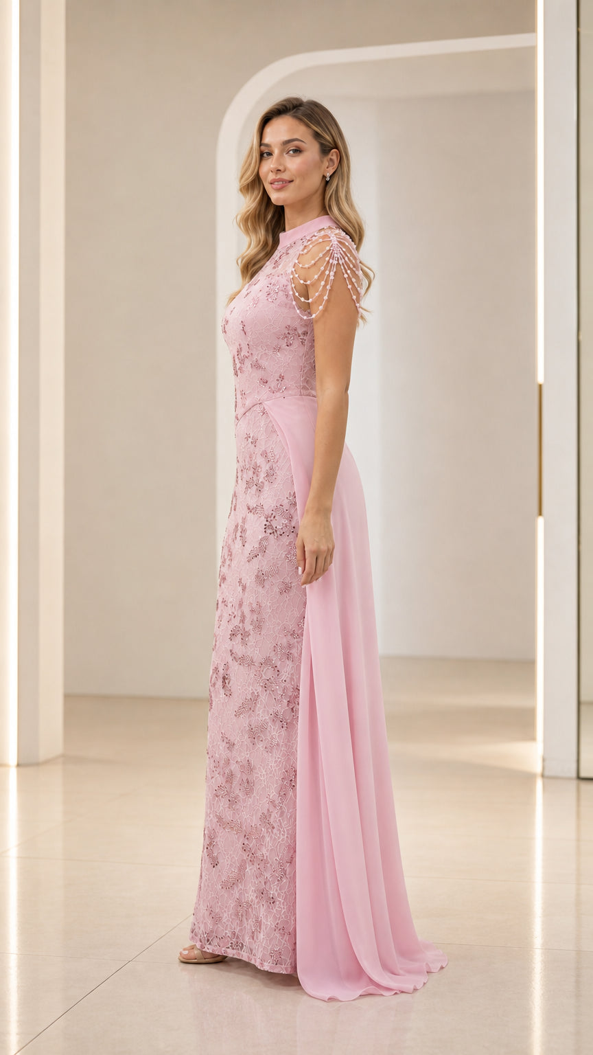 Side view of pink sleeveless formal lace dress with flowing chiffon train