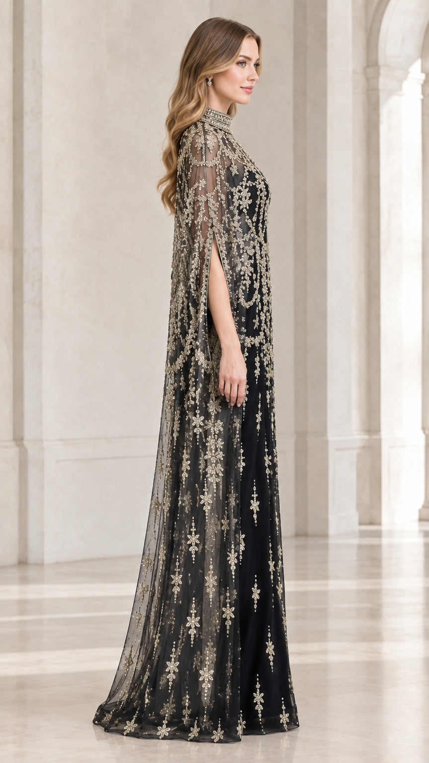 Side profile view of elegant black cape formal maxi dress