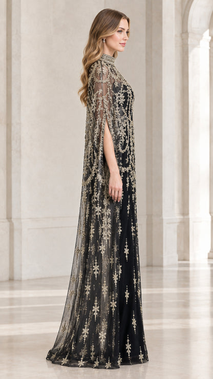 Side profile view of elegant black cape formal maxi dress