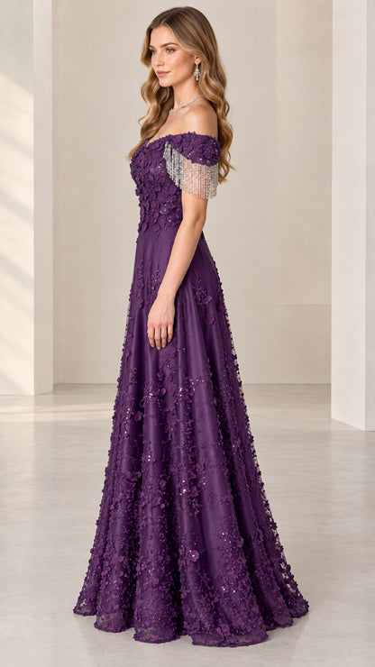 Side profile view of purple A-line evening dress with floral embroidery and beaded sleeve detail