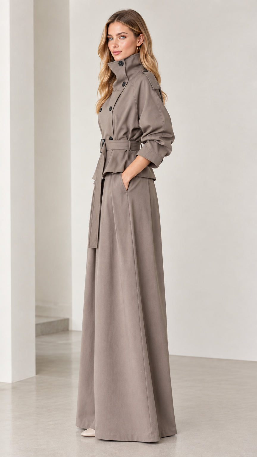 Side profile view of taupe high-neck jacket and pleated wide-leg pants co-ord set