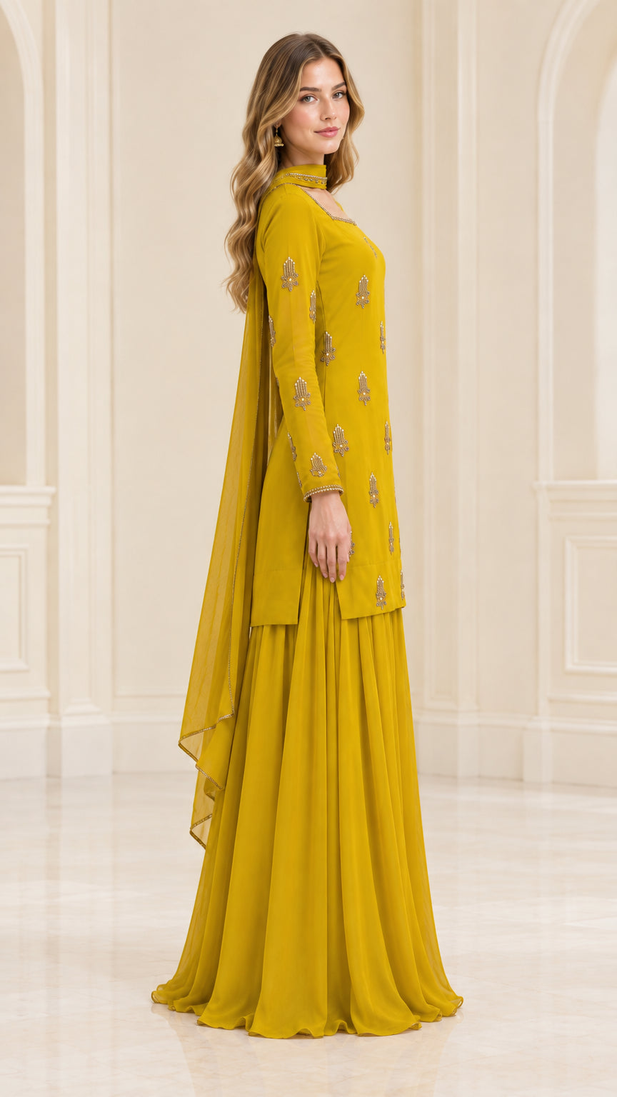 Side profile of model in mustard yellow ethnic sharara suit set