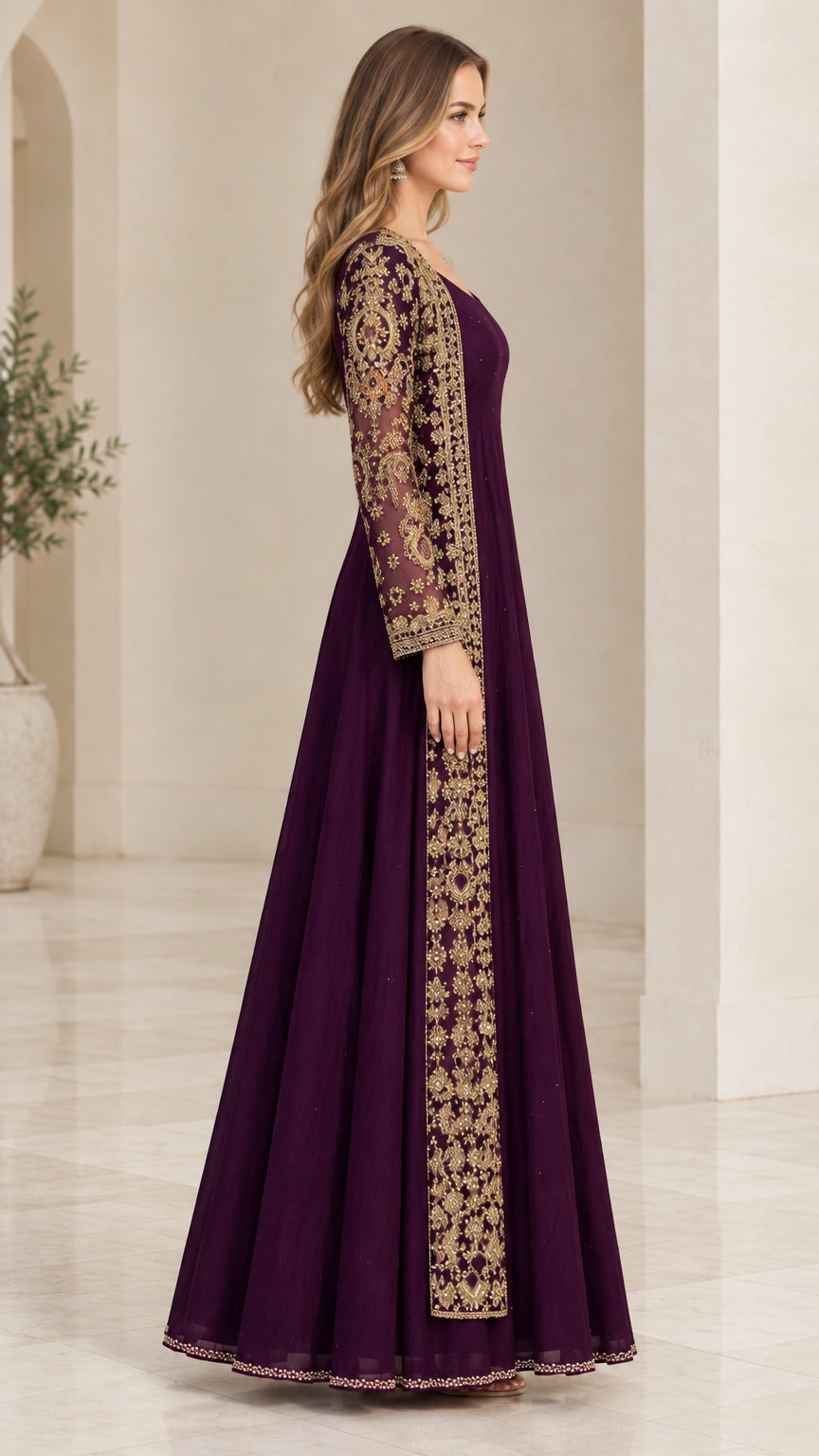 Side profile view of deep purple formal maxi gown with sheer embroidered overlay