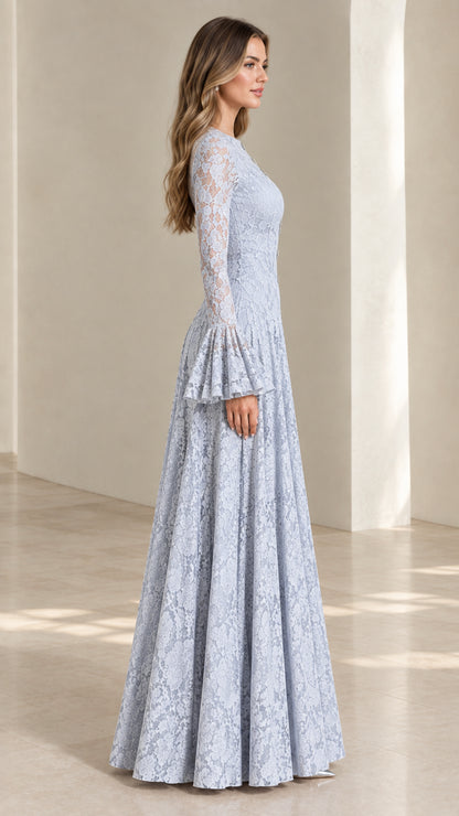 Side profile view of the Dusty Blue formal lace evening dress