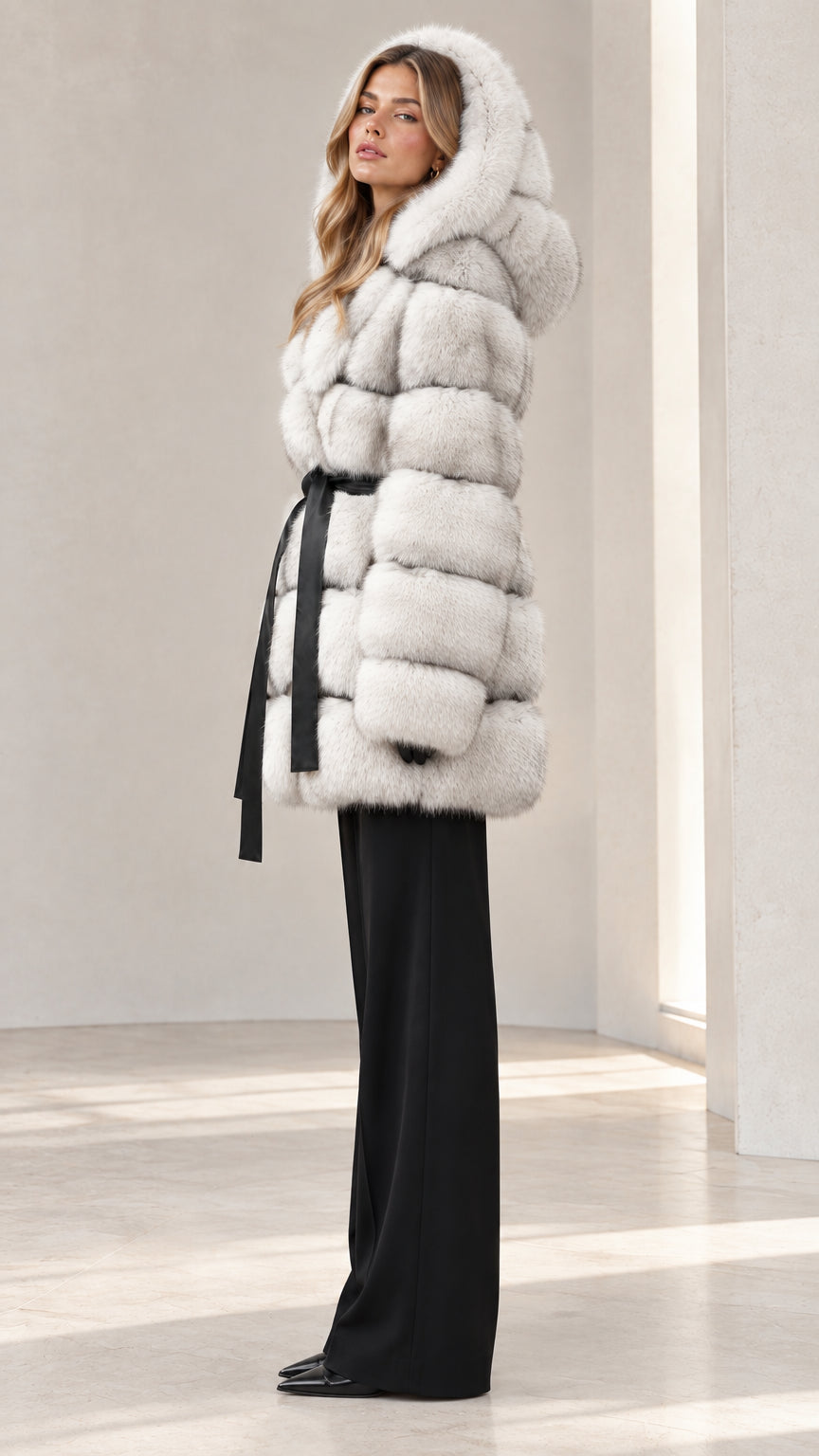 Side angle view of Light Grey tiered plush hooded coat with black tie belt