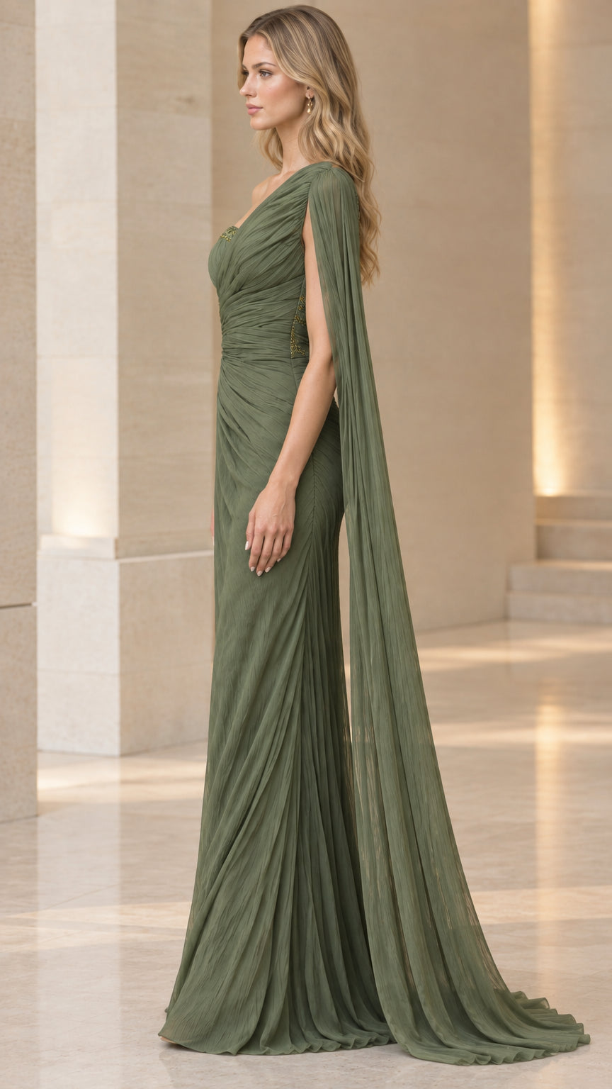 Side profile of olive green cape sleeve formal maxi dress with train
