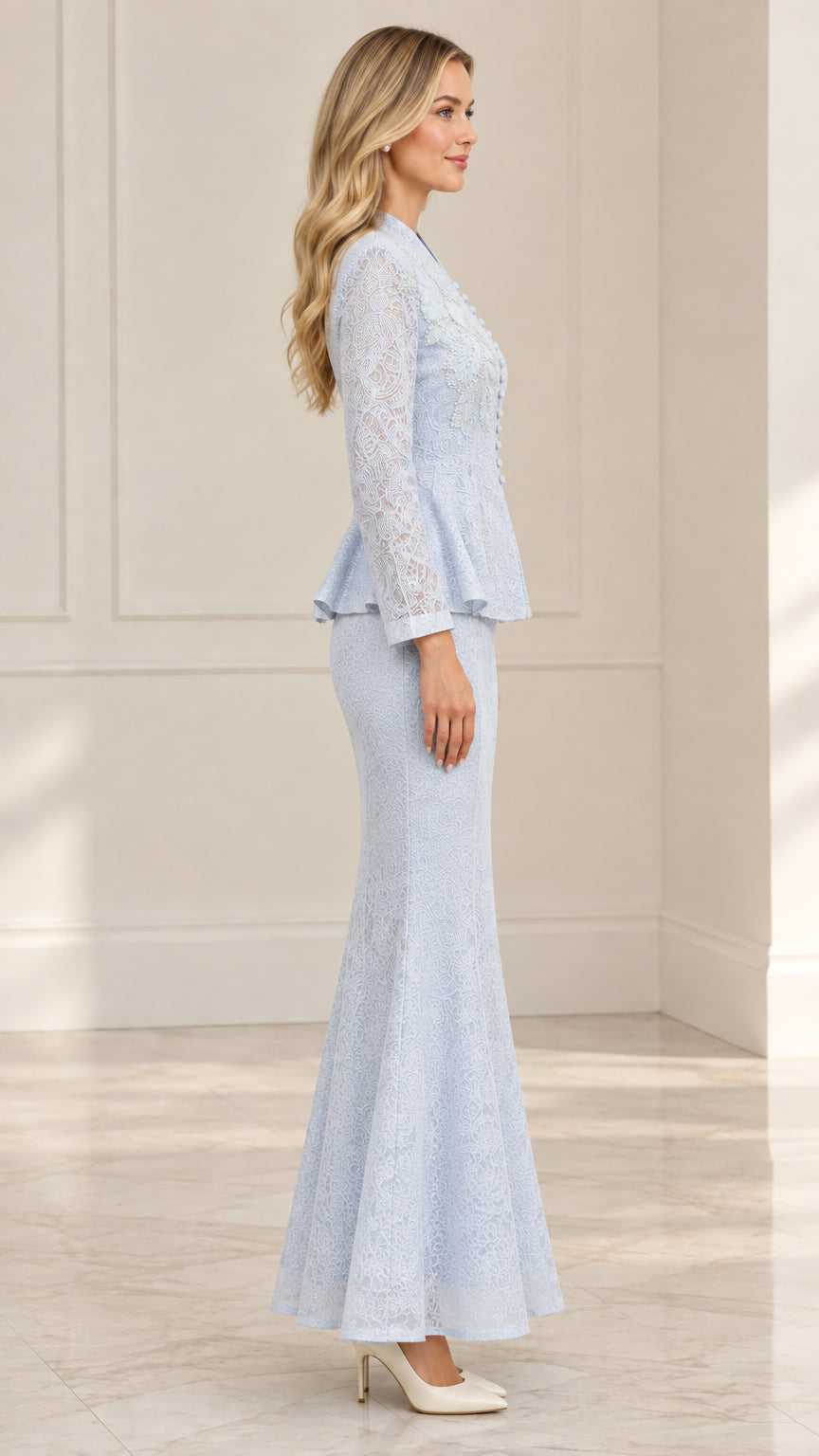 Side profile of model wearing Light Blue lace formal skirt suit