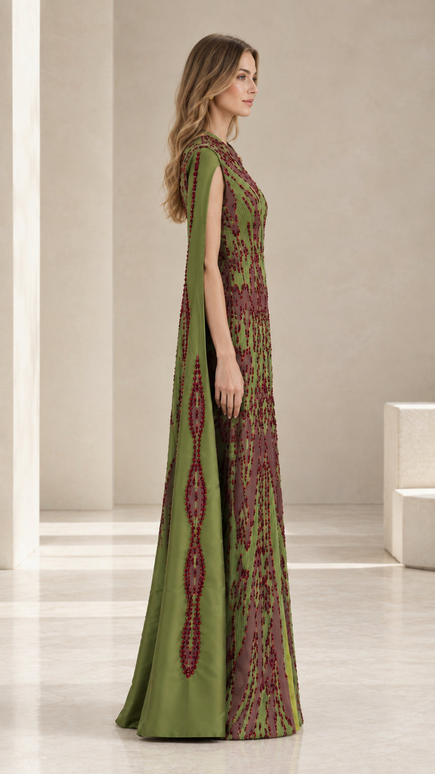 Side profile of olive green floor-length cape maxi dress