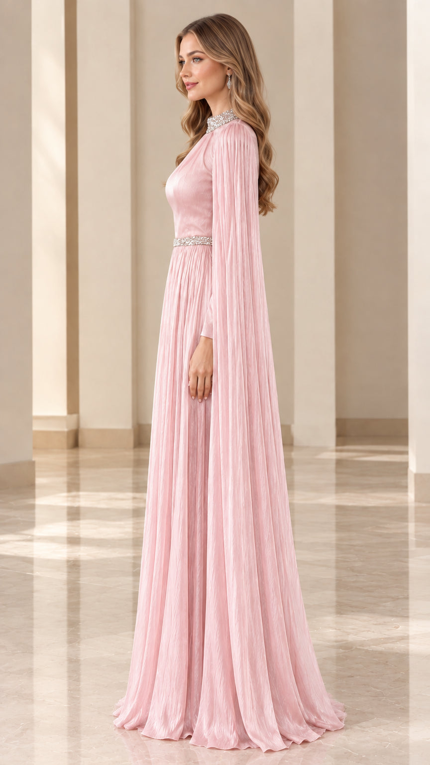 Side profile view of elegant blush pink cape sleeve pleated maxi formal dress
