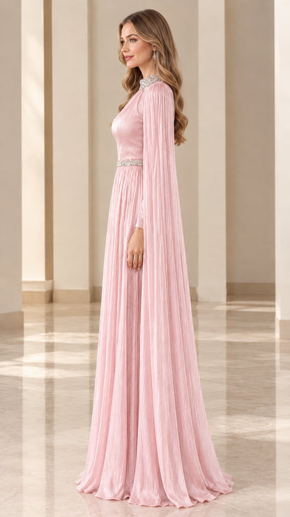 Side profile view of elegant blush pink cape sleeve pleated maxi formal dress