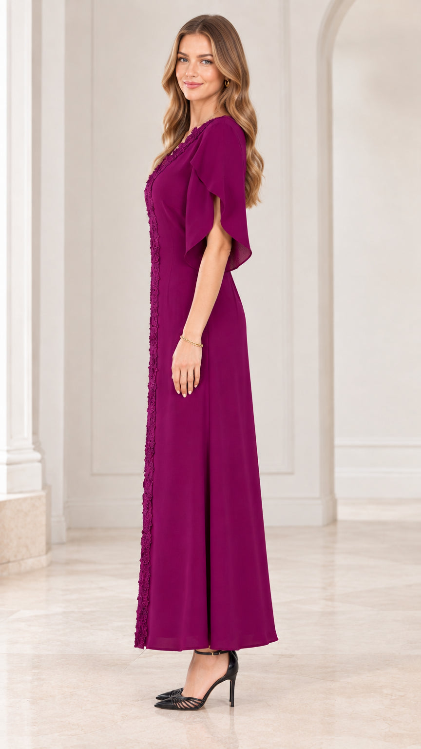 Side view of model in magenta flutter sleeve formal maxi dress