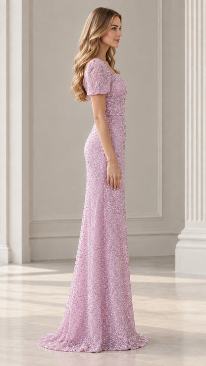 Side profile view of woman modeling Lilac sequined formal maxi dress