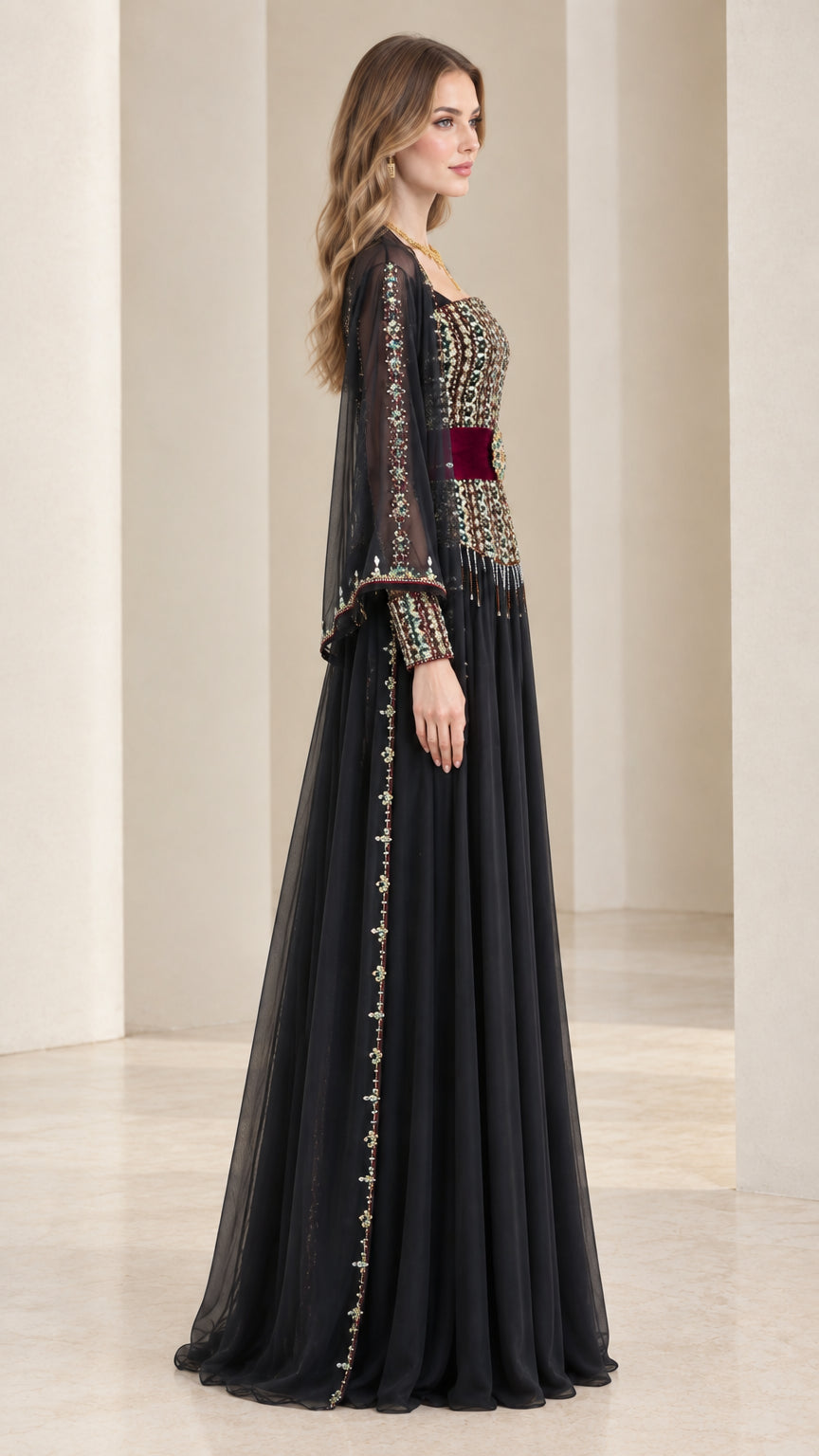 Side profile of black beaded formal gown with flowing cape sleeves