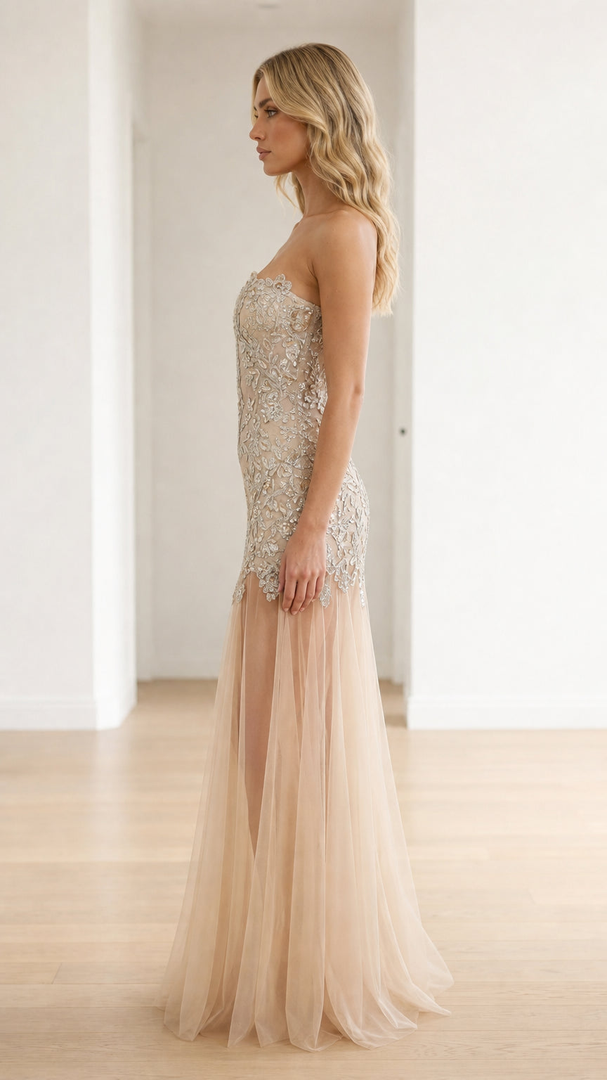Champagne strapless embellished evening dress side profile view