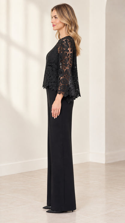 Side profile of black lace overlay evening jumpsuit with wide leg trousers