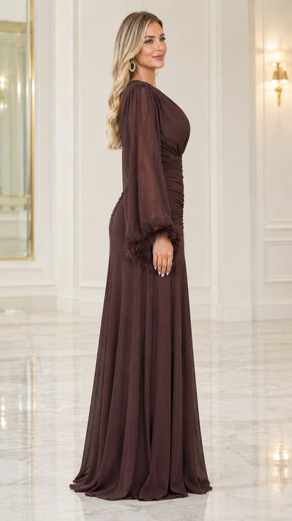 Side profile view of Chocolate Brown chiffon evening dress with balloon sleeves