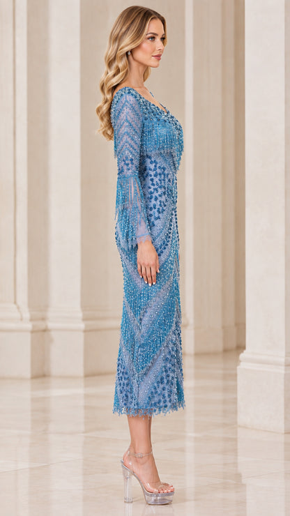 Side view of Dusty Blue beaded fringe cocktail midi dress showing column fit