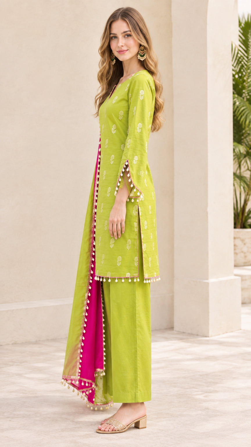 Side profile view of lime green kurta with wide leg pants and beaded sleeve detail