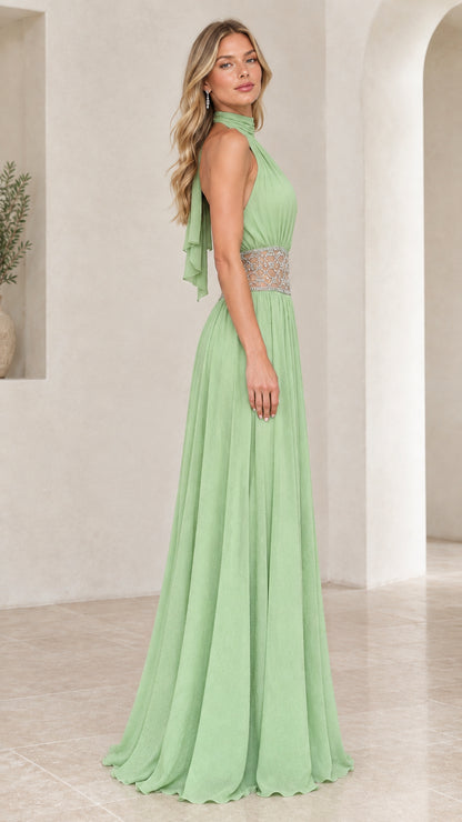 Sage Green halter evening gown side profile showcasing flowing A-line silhouette