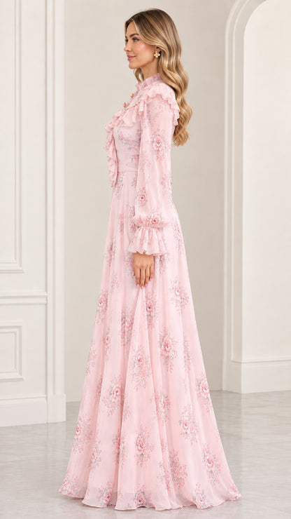 Side view of woman wearing blush pink floral long-sleeve maxi dress