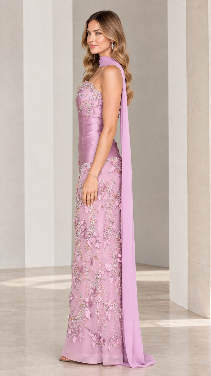 Side profile of lilac strapless embroidered formal dress with flowing scarf streamer