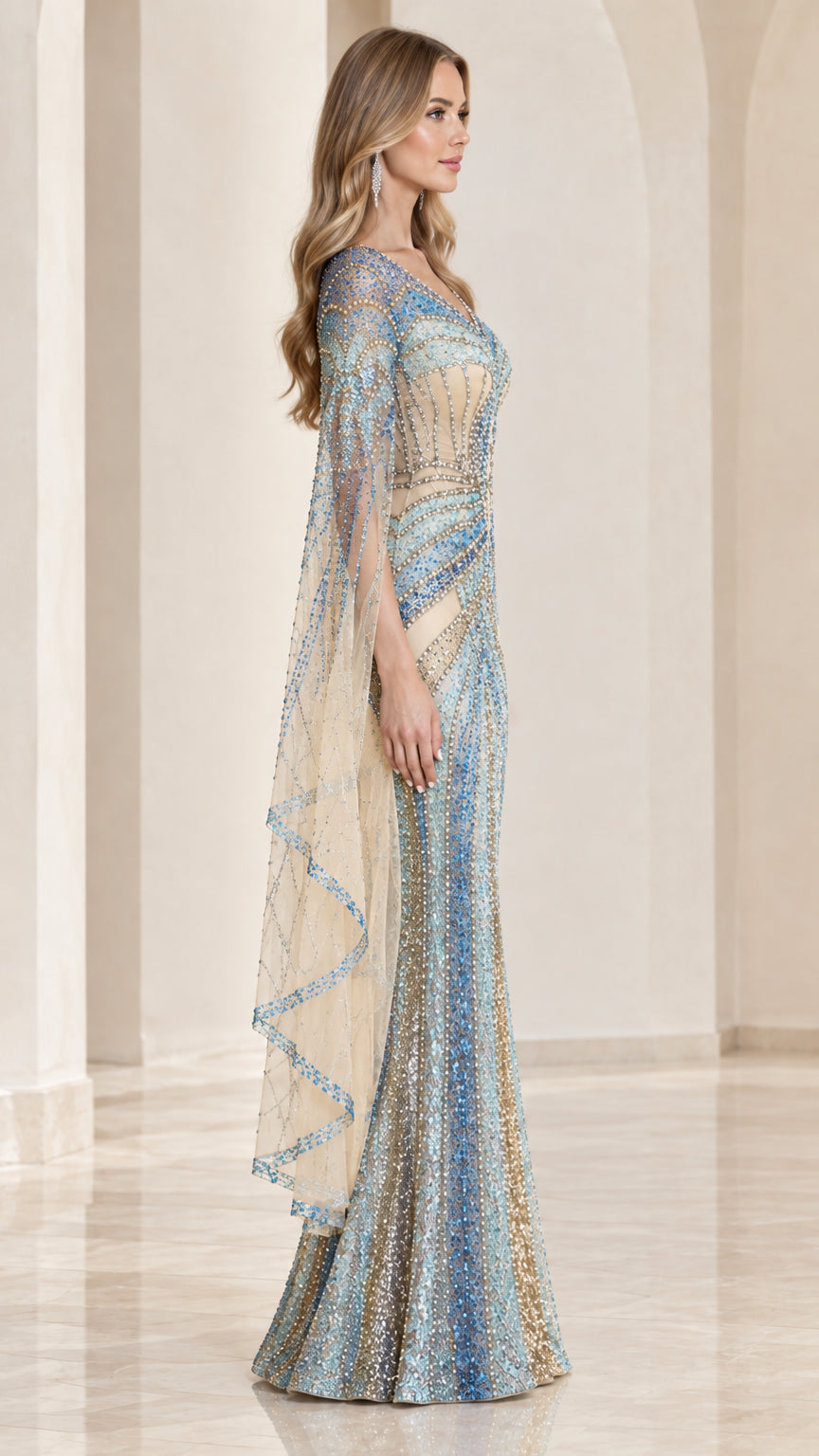 Side profile of Sky Blue beaded formal gown showing sheer flowing cape sleeve